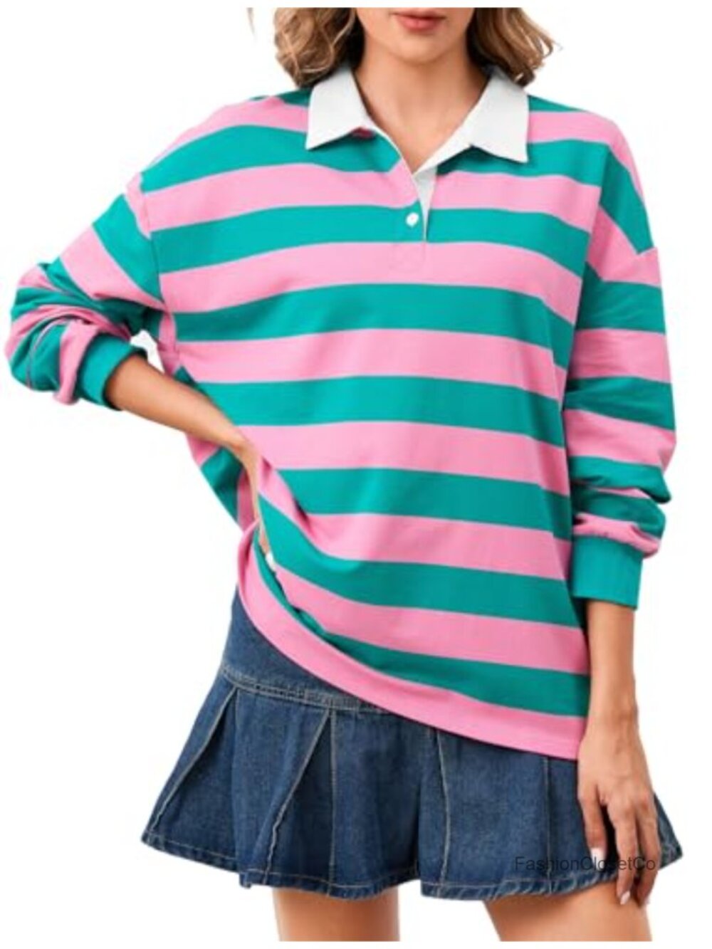 Women's Oversized Striped Polo Sweatshirt Long Sleeve Rugby Pullover